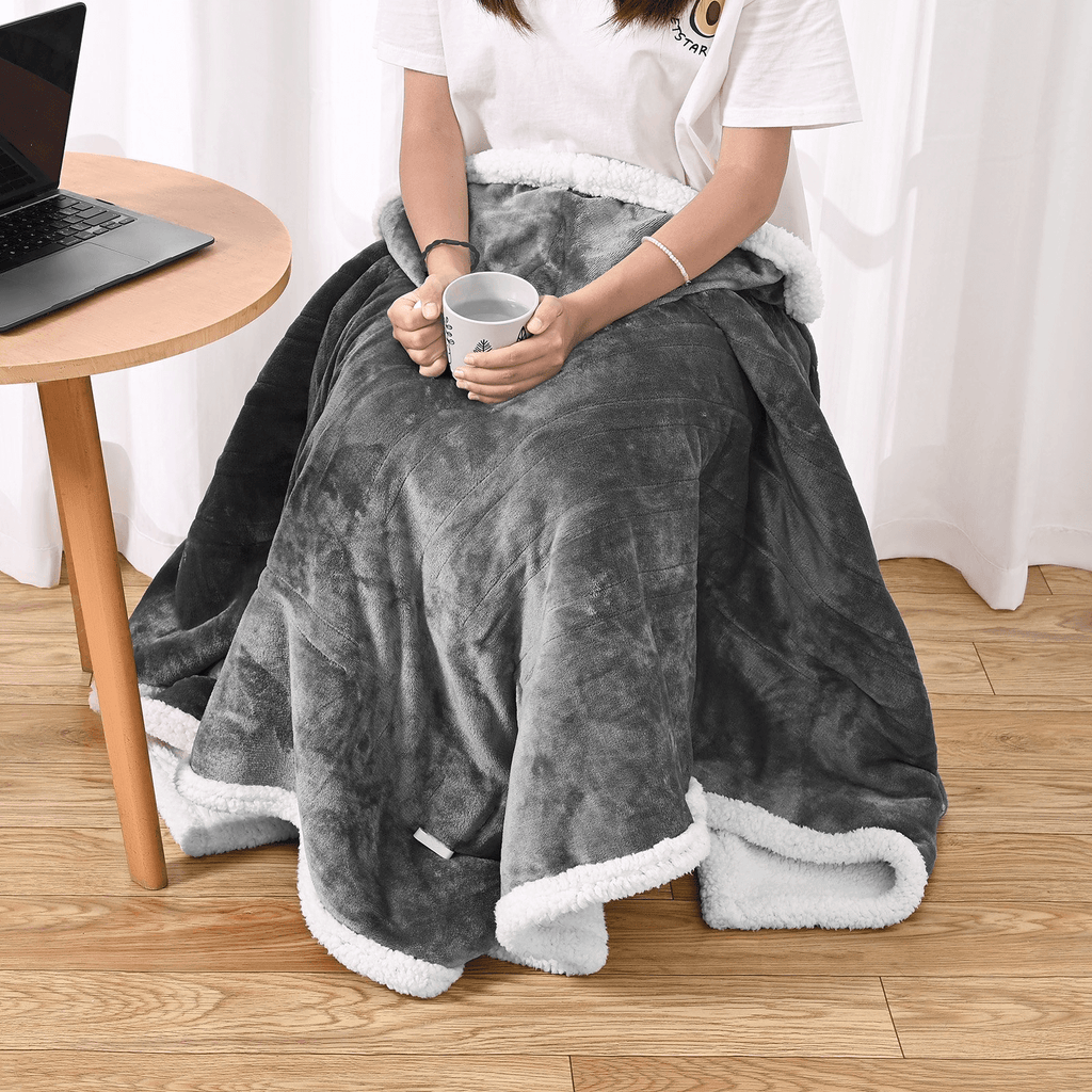 COZENOVA Wearable Heated Throw Blanket Electric Shawl – Gray & White, soft cocoon sherpa throws for cozy warmth.