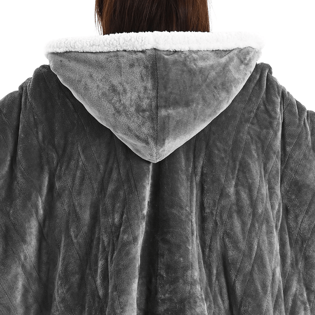 COZENOVA Wearable Heated Throw Blanket Electric Shawl – Gray & White with cozy hood and soft sherpa lining.