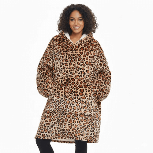 Oversized Wearable Blanket for Ultimate Warmth & Comfort in a leopard print design, featuring soft cocoon sherpa throws for added coziness.