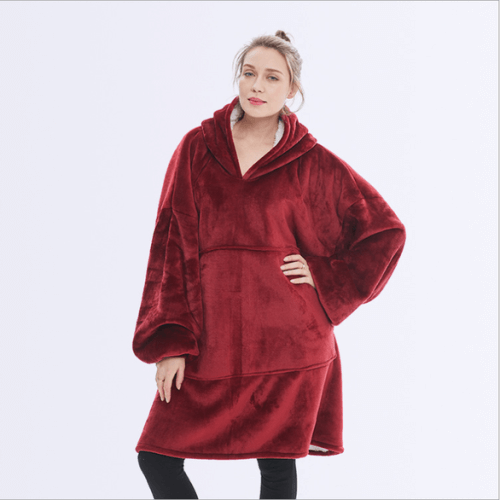 Oversized Wearable Blanket for Ultimate Warmth & Comfort showcased in a cozy red Sherpa hoodie with large sleeves.