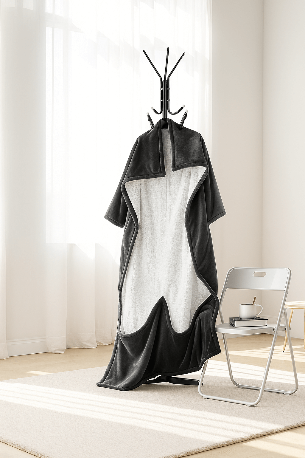 COZENOVA Wearable Electric Heated Throw Blanket with Foot Pocket & Sleeves – Dark Gray hanging in a cozy interior setting.