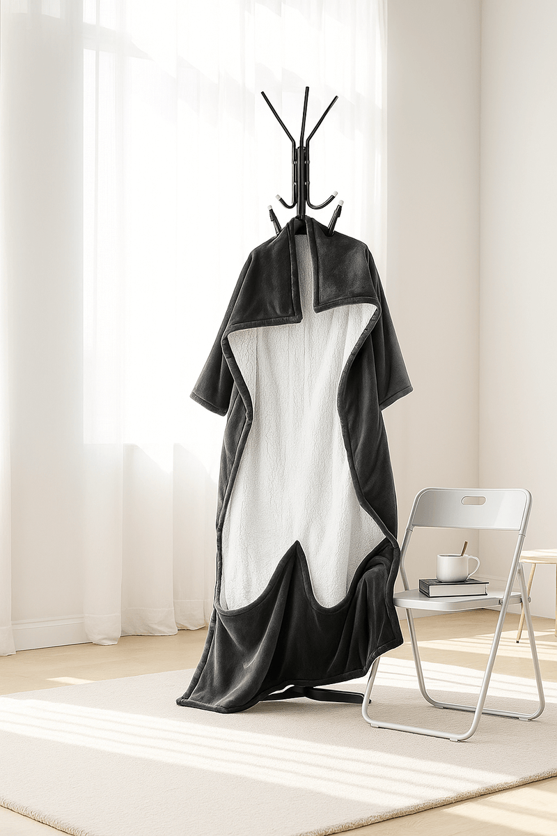 COZENOVA Wearable Electric Heated Throw Blanket with Foot Pocket & Sleeves – Dark Gray hanging in a cozy interior setting.