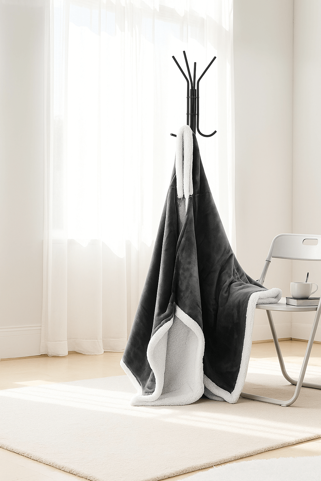 COZENOVA Wearable Heated Throw Blanket Electric Shawl – Gray & White hanging on a hook in a bright room.