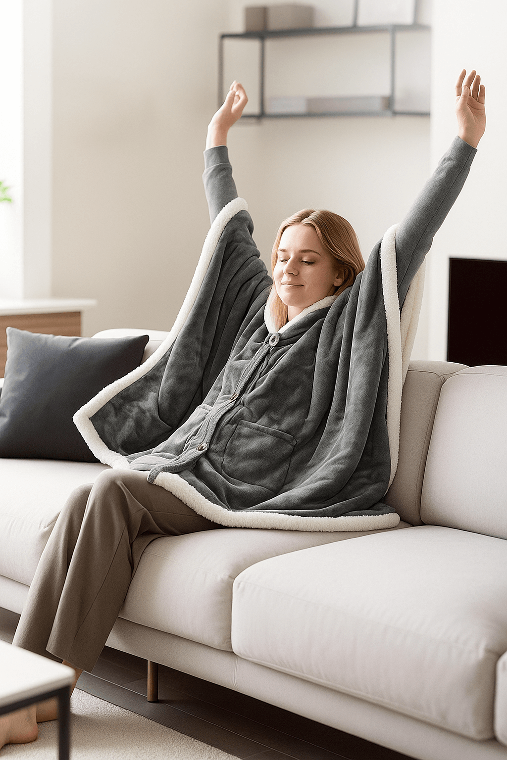 COZENOVA Wearable Heated Throw Blanket Electric Shawl – Gray & White, soft cocoon sherpa throws in a cozy home setting.